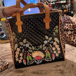 Consuela Black and Tan Embroidered Tote
